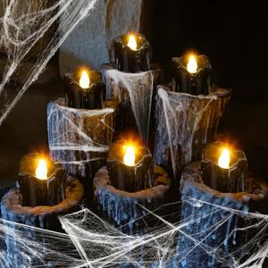 24Pcs Halloween Decorations Indoor Candles Black Tea Lights: Led Flameless Tealight Battery Operated Table Decor with Spider Webs (No Timer & Remote)