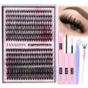 FANXITON DIY Individual Eyelash Extension Kit, Thick Volume Lash Clusters 40D+50D D Curvature, 280 Pieces Thin Band Cluster Lashes with Bond and Seal Tweezers Used