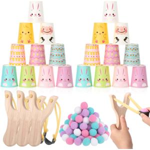 Hollowfly Easter Games Stacking Cups Set with 50 Bunny Egg Cup 3 Wooden Catapults 24 Foam Balls for Easter Party Favor Supplies Fun Holiday Activity Carnival Prize Family Indoor Outdoor Party Game