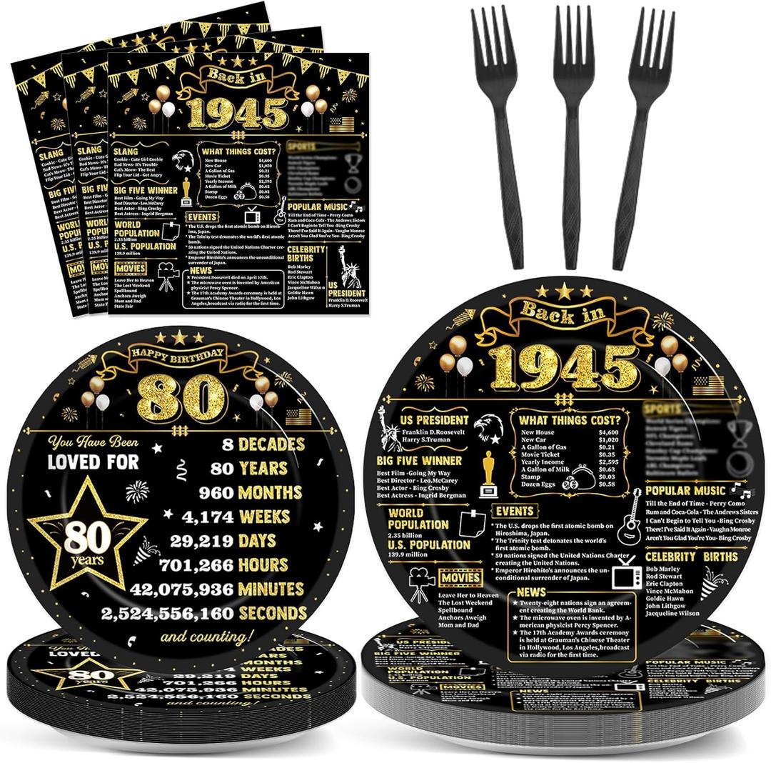 CHUNNIN 96Pcs 80th Birthday Plates and Napkins Back in 1945 Party Decorations Black Gold 80 Year Old Cake Dessert Plates 1945 Tableware for 24 Guests 80th Theme Men Woman Birthday Party Supplies