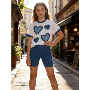 Girls 2 Piece Outfit Teen Girls Heart Print Crewneck T-Shirt & Shorts Set Casual Summer Clothing for 15Y