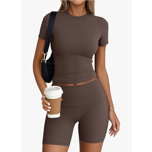 Trendy Queen Womens 2 Piece Workout Sets Short Matching Lounge Sets Summer Clothes Going Out Gym Outfits, Coffee Color ,S