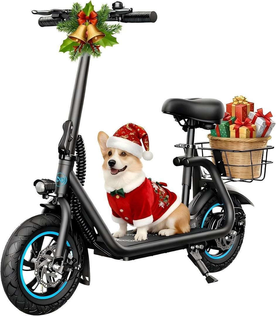 AWWSCOOTER C1 Electric Scooter with Seat for Adults, 450W Motor, 20-Mile Range, 16 MPH, Foldable Commuter E-Scooter with Basket for Grocery, Pets, and Daily Commute Classic Black