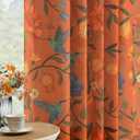 JOOJA Terracotta Floral Linen Curtains, Boho Whimsical Bird Print Curtains for Bedroom Window Colorful Patterned Sheer Curtains for Living Room Kitchen 2 Panels 63 Inches Long Burnt Orange