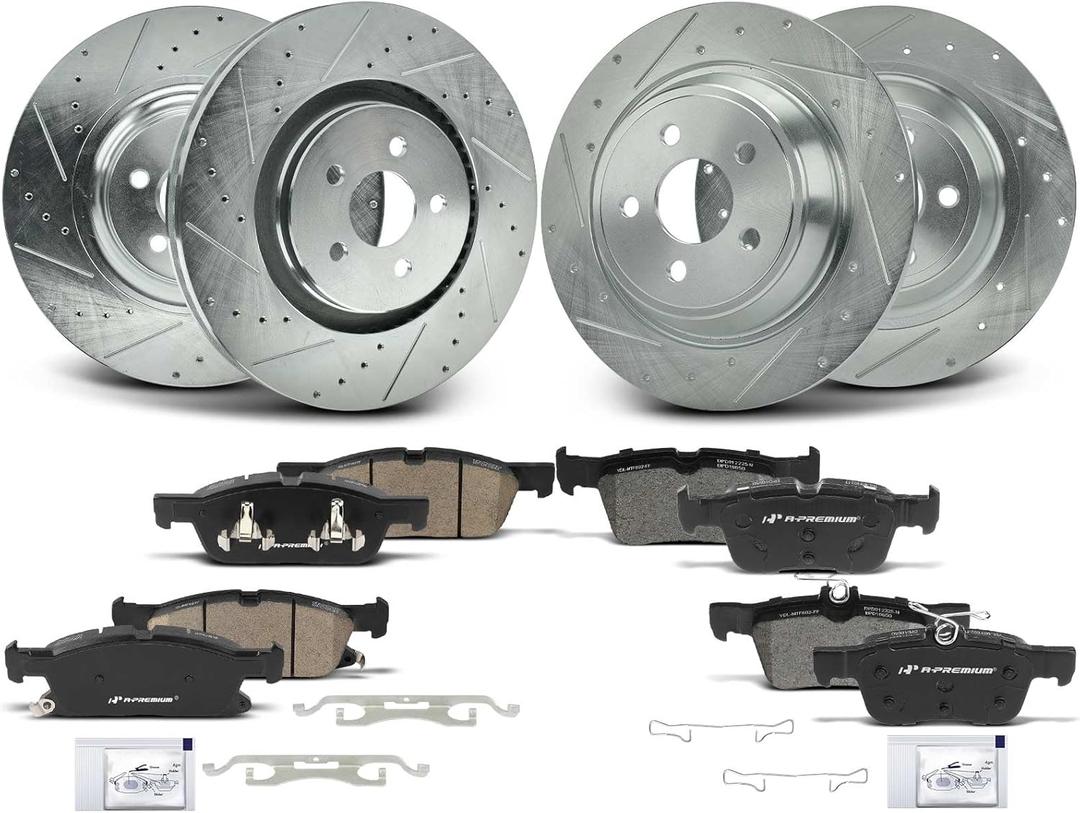 A-Premium Front and Rear Drilled and Slotted Disc Brake Rotors + Ceramic Pads Kit Compatible with Select Ford and Lincoln Models - Edge 2015-2021, MKX 2016-2018, Nautilus 2019-2023, 12-PC Set