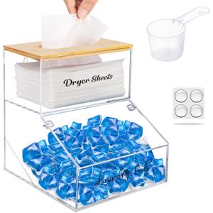 2-In-1 Laundry Pods Container & Dryer Sheet Holder with Bamboo Lid, Acrylic Dishwasher Pods Dispenser with Labels, Dryer Sheet Container, Laundry Room Organization and Storage