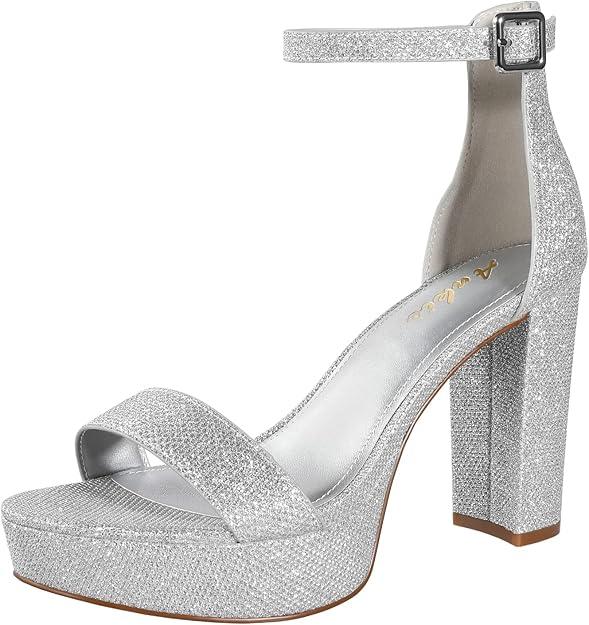 Ankis Chunky Platform Heels - 4 Inch Block Heeled Sandals for Women - Comfortable Open Toe Strappy Heels - Black, Nude, White, Silver, Gold - Summer Dress Shoes ( Size 10 )