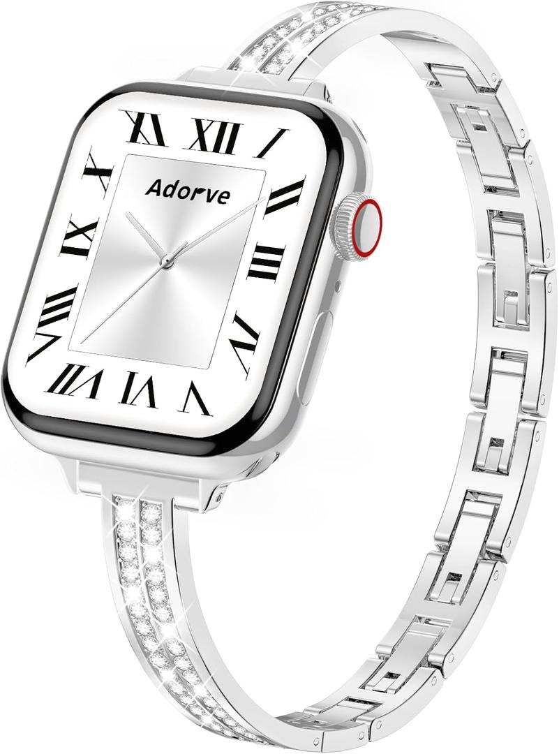 Adorve Slim Gold Bands Compatible with Apple Watch Bands for Women, Cute Dressy Thin Bracelet Stainless Steel Metal Strap for iWatch, Size: 44mm/45mm/46mm/49mm/42mm(series 3 2 1)(Silver)