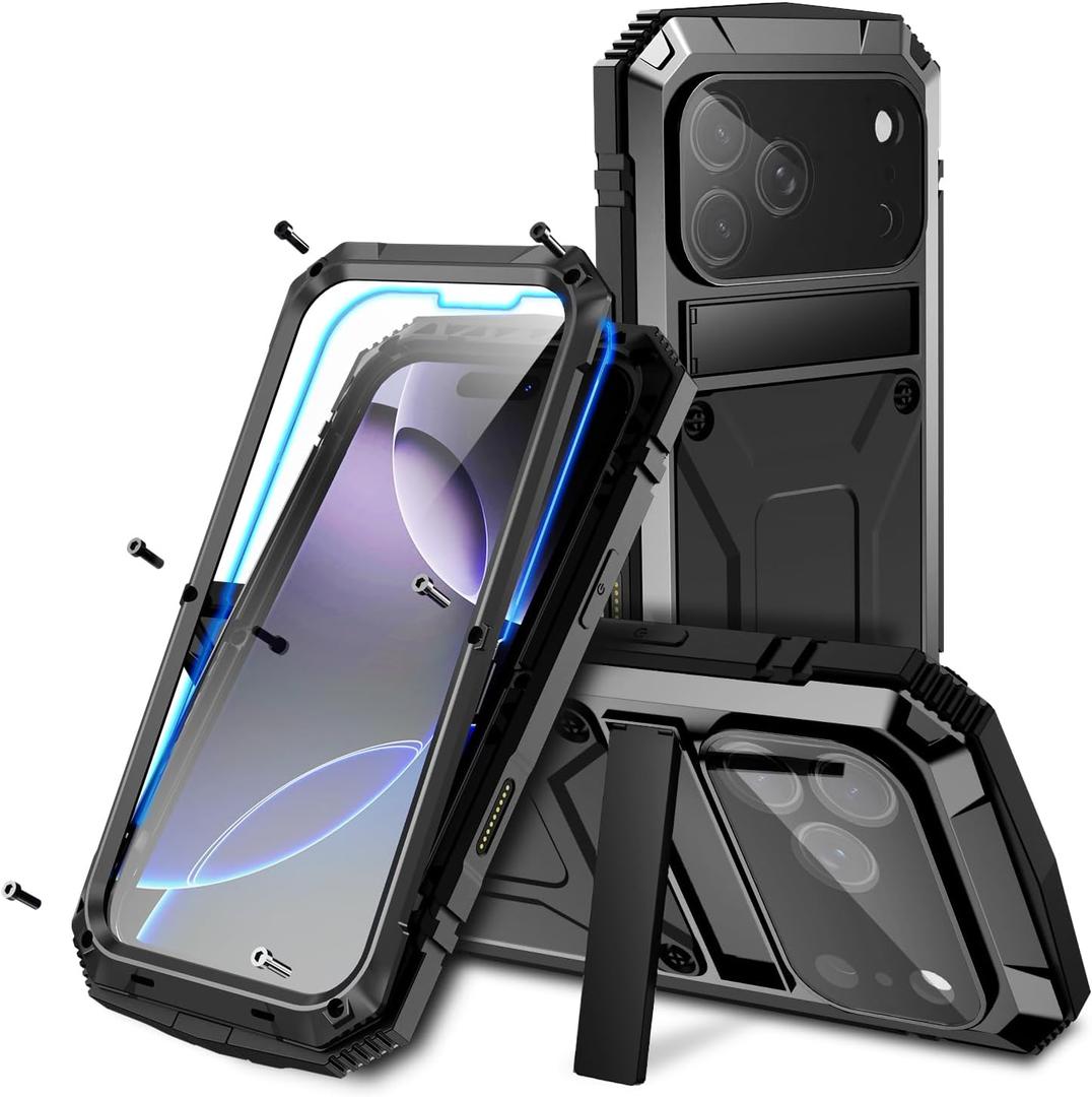 17 Pro Max Metal Case, Military Grade Heavy Duty Aluminum Rugged Cover with Built-in Screen Protector Stand Camera Control Shockproof Dustproof Full Body Protection for Men/Women (Black)
