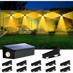 12 Pack 3-Side Solar Fence Lights Outdoor Waterproof with Warm White LED Spot Lens, for Wall, Deck, Patio, Yard, Rail, Garage, Pool, Designed for Enhanced Security, Easy Install