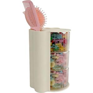 Hair Accessories Organizer with Hair Brush Holder, Rotatable Makeup Brush Holder for Necklaces, Earring, Bracelet, Ring, Makeup Brushes, Hair Clip and Hair Accessories (3 Layer Beige)