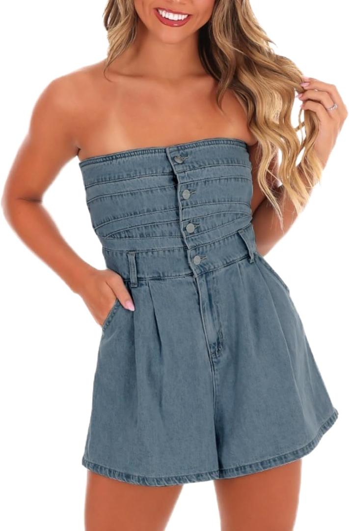 Mandonce Denim Jumpsuit For Women Sleeveless One Shoulder Pleated Button Down Tube Top High Waist Shorts Denim Romper Sexy (Medium, Blue)