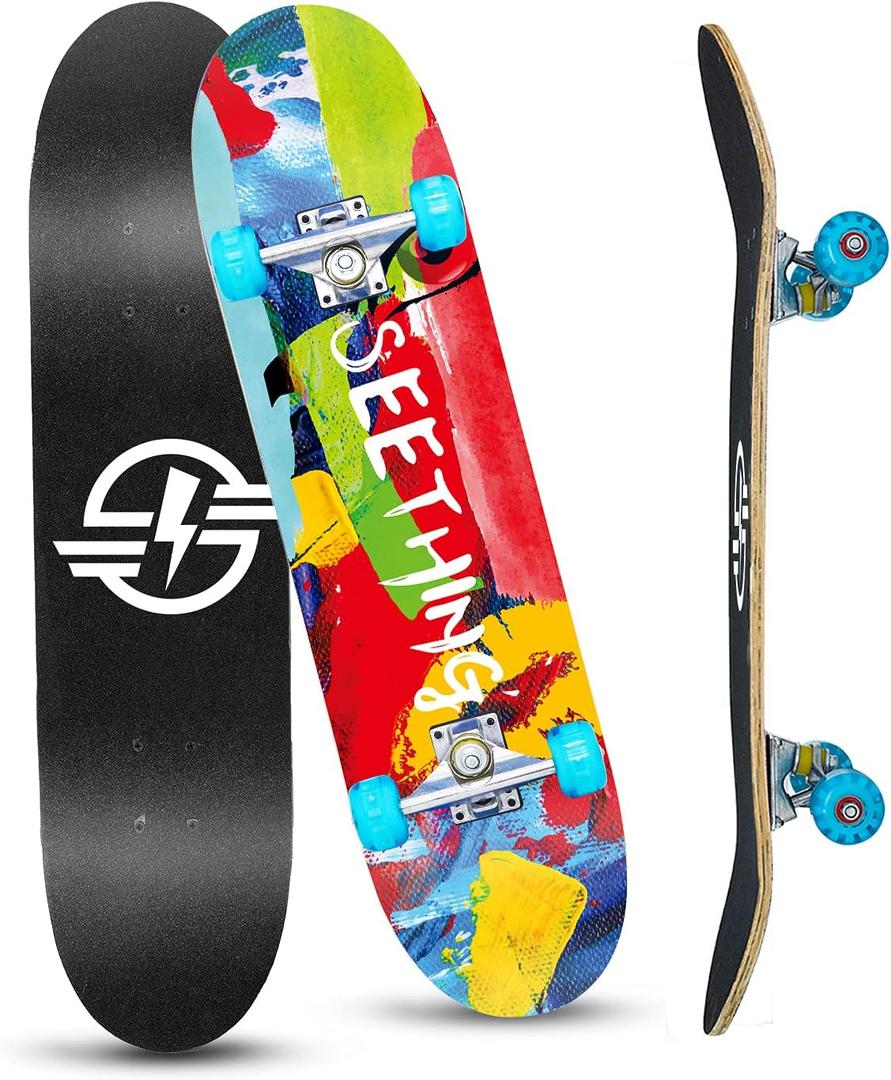Skateboard, 31"x 8" Complete Standard Skate Boards for Girls Boys Beginner, 9 Layer Maple Double Kick Deck Skateboards for Kids Youth Teens