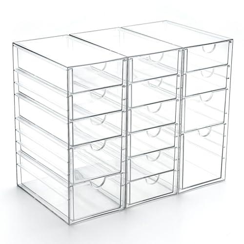 Prsildan Acrylic Drawer Organizer with 15 Drawers, Makeup Craft Office Desk Organizers Accessories, Set of 3 Clear Stackable Storage Drawers for Vanity, Countertop, Jewelry, Art Supply Organization
