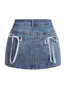 MakeMeChic Women's Denim Skirt High Waist Bow Pocket Bodycon Y2K Mini Jean Skirts Medium Wash Small