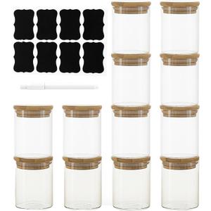 12 Packs Round Spice Jars with Label, 8oz Stackable Airtight Food Storage Containers, Practical Small Glass Jars to Go for Cookie, Coffee, Yogurt, Overnight Oats, Sugar, qtip, cotton balls and Candle