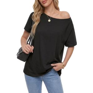 Rooscier Women's Off The Shoulder Tops Summer Short Sleeve T Shirts Tees Loose Fit Casual Shirts (S)