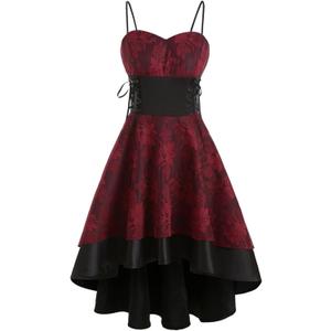 Women Vintage Steampunk Dress Halloween Costumes Spaghetti Strap Bandage Dresses Floral Lace High Low Dress (Small, Red)