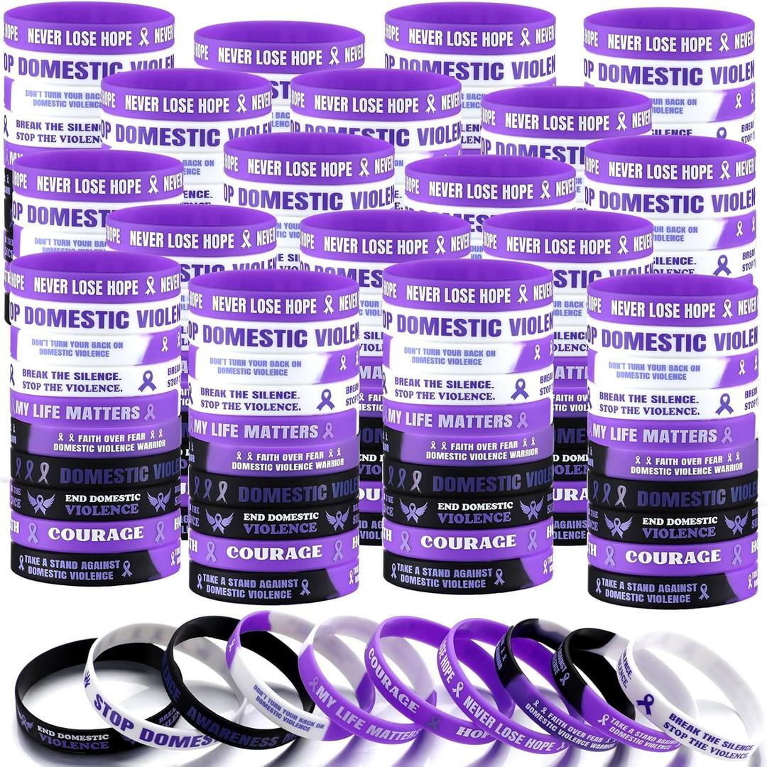 200 Pcs Domestic Violence Awareness Silicone Bracelets Bulk Purple Ribbon Awareness Bracelets Motivational Rubber Bracelet for Men Women Charity Events