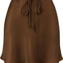 Women's Drawstring Satin Mini Skirt High Waisted Elegant Casual A-Line Flared Silk Short Skirts for Women (Brown) S