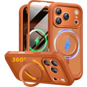 Miracase for iPhone 17 Pro Case with 360 Spin Magnetic Stand, Full-Body Phone Case with Built-in Glass Screen Protector & Camera Control, Drop Proof iPhone 17 Pro Cover, Orange