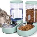 Automatic Cat Feeder and Water Dispenser with Stainless Steel Bowl Gravity Food Feeder and Waterer Set for Small Medium Dog Puppy Kitten 1 Gallon x 2 (Green)