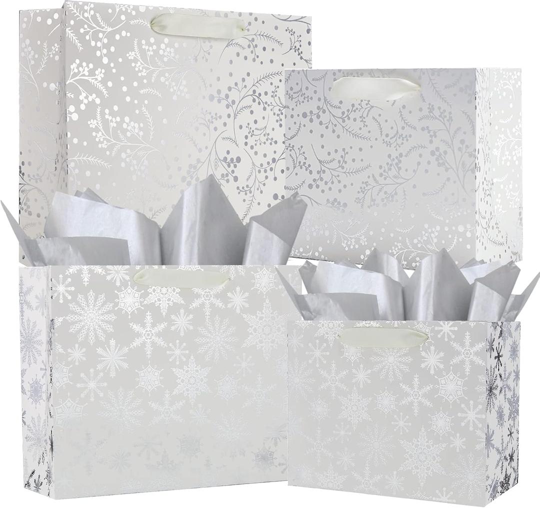 UNIQOOO 12PCS Assorted Metallic Silver Christmas Gift Bags Bulk, Size L 12.5'' M 9'', Silver Snow Berry Gift Wrap Bags, White Xmas Snowflake Paper Favor Bag Gift Packaging, For Holiday New Year Party