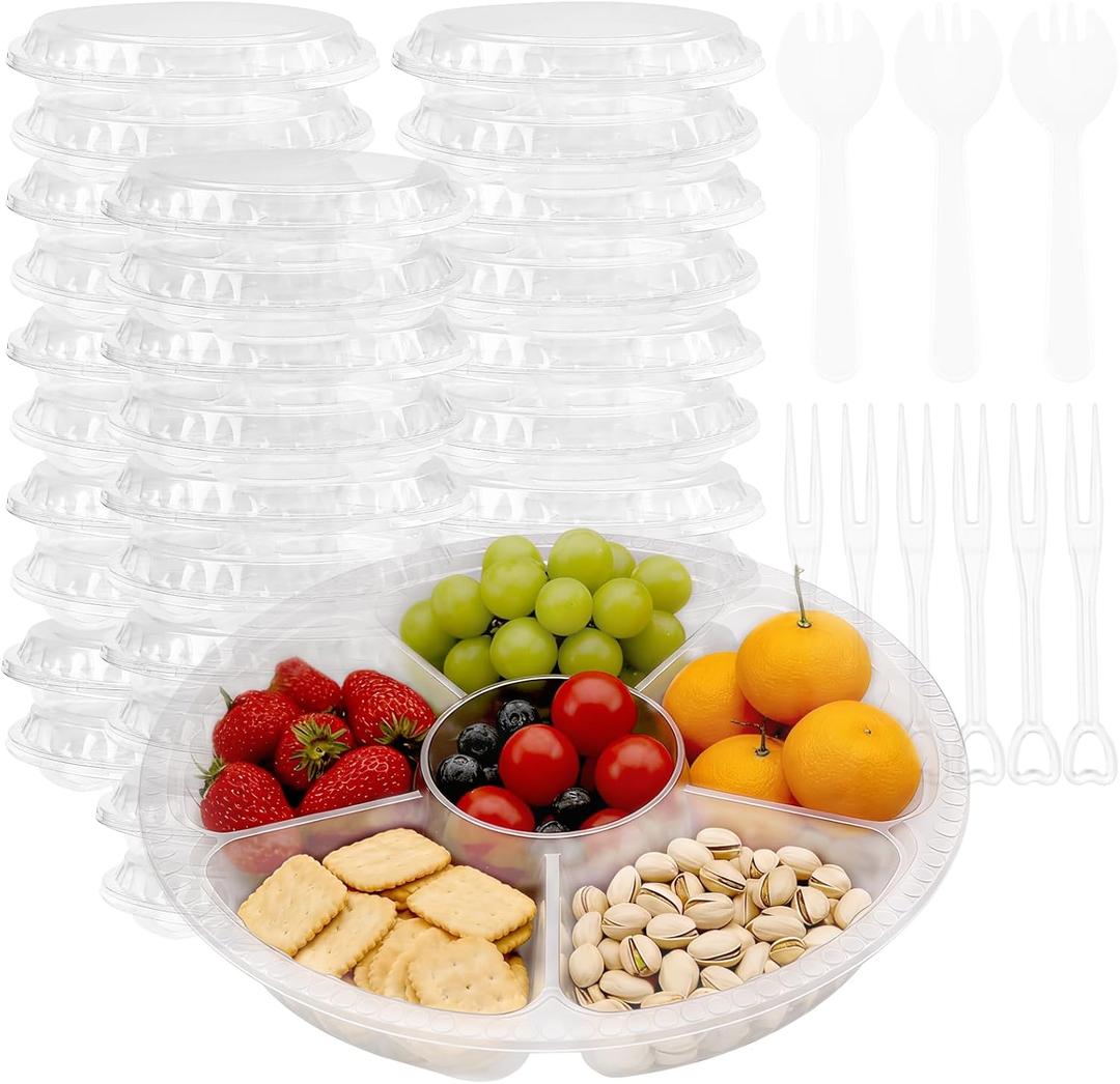 30 Pack 12 Inch Plastic Appetizer Tray with Lid, 6 Sectional Round Plastic Divided Serving Tray with 200 Forks and 100 Spoon-Forks, Disposable Food Party Platters for Snack,Fruit,Vegetable