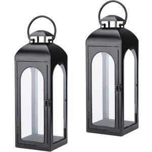 Bdor 2 Pack Luxury Black Metal Lanterns  16" Tall Modern Hurricane Candle Lanterns with Tempered Glass Panels for Front Porch, Tabletop, Mantel, Wall Hanging, Garden, Indoor & Outdoor Dcor