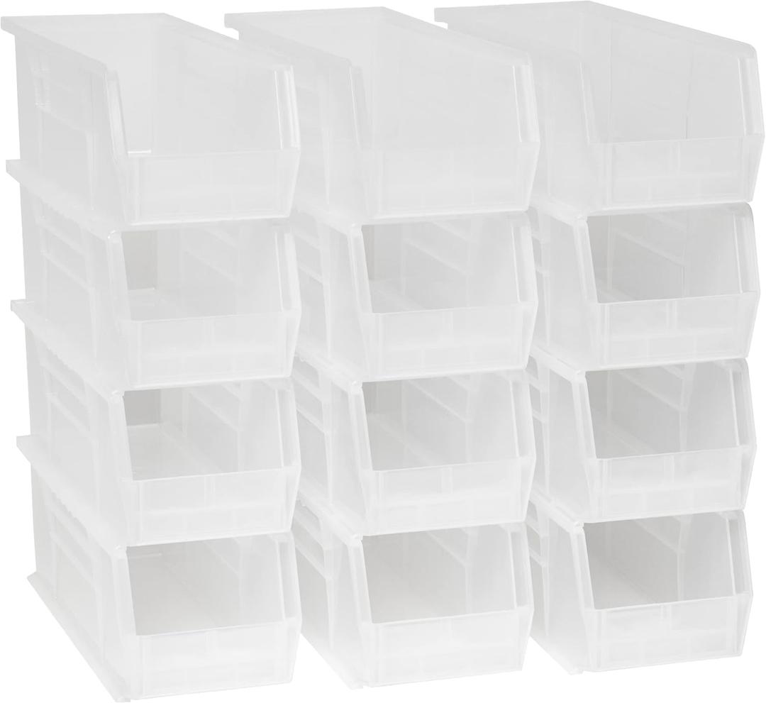 Akro-Mils 30234 AkroBins Plastic Storage Bins, Space-Saving Stackable Bins for Garage, Pantry, Craft Organization, 15" x 5" x 5", Clear, 12-Pack