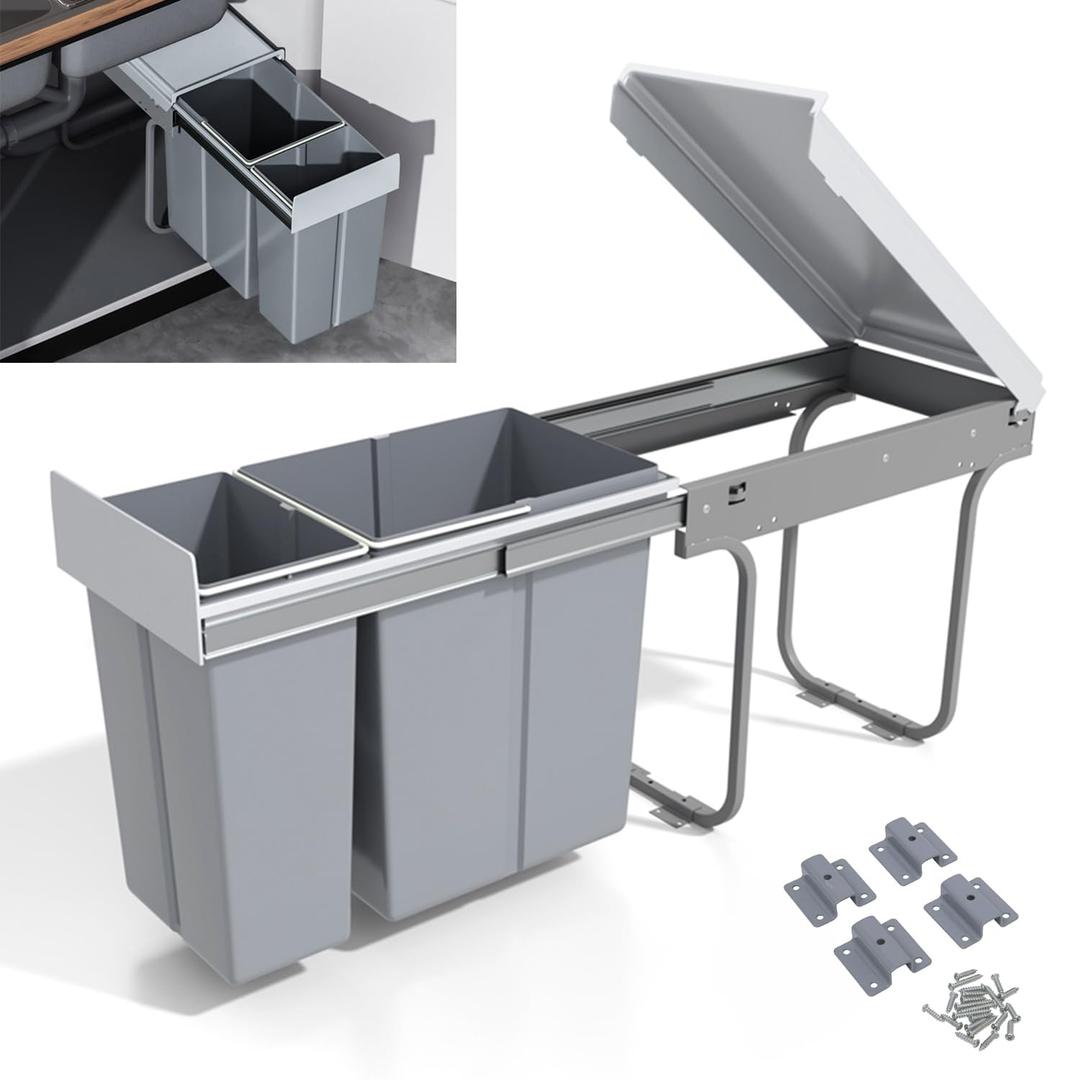 MYOYAY Double Pull Out Under Cabinet Trash Can with Lid 10L + 20L (8 Gallon) Kitchen Cabinet Garbage Can Sliding Out Under Counter Waste Bin, 30 Liters