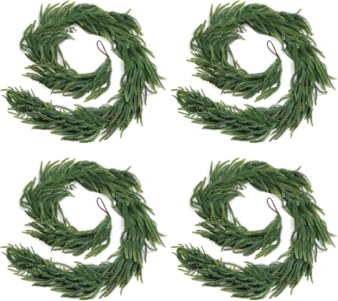 4-Pack Christmas Garlands for Decorating, 6FT Real Touch Norfolk Pine Garlands, Christmas Greenery Garland for Staircase, Fireplace, Wall, Porch, Home Holiday Outdoor Indoor Xmas Decor