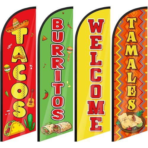 Remagr 4 Pcs Mexican Food Tacos Feather Flag 7. 9 ft x 23. 6 Inch Mexican Restaurants Advertising Banner Sign for Burritos Tamales and Welcome Advertising Flags Businesses Markets Outside