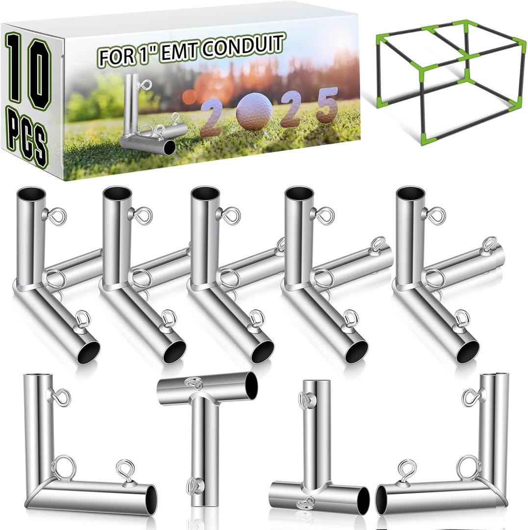 Blulu 10 Pieces 1'' Golf Frame Corner Kit Canopy Fittings with Threaded Eye Bolts for EMT Conduit 10' L x 10' W x 10' H DIY Golf Practice Cage Nets Backyard Indoor Outdoor Home, Silver