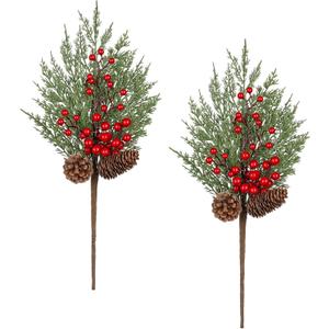 Oairse 2 Pcs Christmas Artificial Pine Branches 21.2 inch Cedar Pine Stems Christmas Greenery Picks with Red Berries Pinecones Picks Spray Xmas Tree Branches for Xmas Vase DIY Craft Holiday Decor