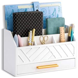 dreampossible white Wood Desk Organizer and Accessories with Drawer, Bill Mail Organizer and File Mail Holder for Office Supplies, Modern Desk Accessories & Workspace Organizers for Desk Organization