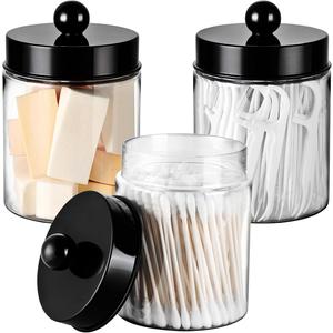 3PC Farmhouse Decor Qtip Holder Apothecary Jars Bathroom Vanity Storage Organizer -Countertop Canister Container &Cute Stickers for Cotton Swab, Ball,Pad,Floss ,Paper Clips (BlackPlastic)