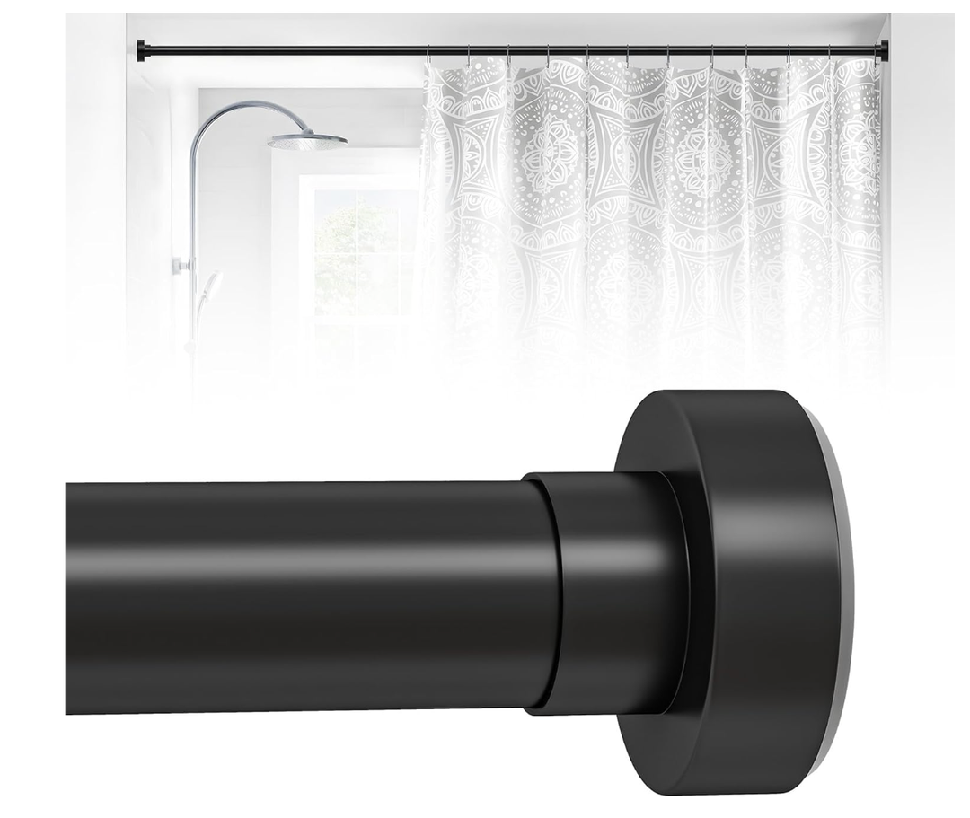 HTZON Black Shower Curtain Rod 18 to 49Inch:Small Spring Tension Shower Rods for Bathroom Kitchen Doorway,Modern Heavy Duty Adjustable Tension Shower Curtain Rod No Drilling NoSlip Easy Install,Black