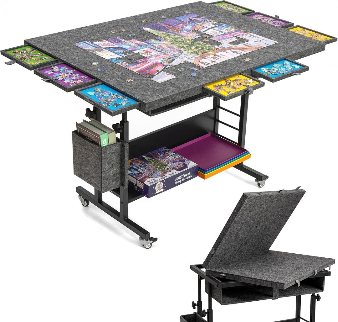 Tektalk 2000 Piece Foldable Felt Jigsaw Puzzle Table with Height Adjustment, Puzzle Board for Adults with 2 Cover & 8 Sorting Trays/Drawers, Easel with Legs, Enclosed with 4 Roller Wheels (Dark Gray)