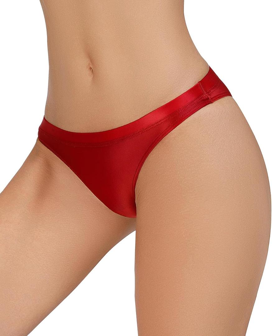 FEOYA Women Shiny Glossy Briefs Oil Low Rise Panties Seamless Sheer Bikini Thongs Underwear Cheeky Rave Club Party Bottoms (Red)