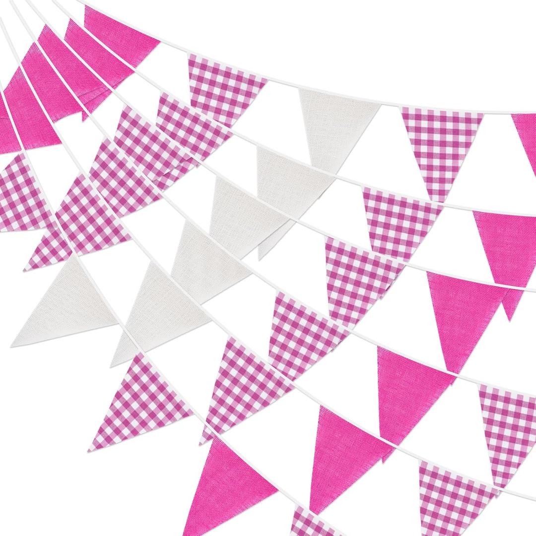 G2PLUS Pink and White Gingham Fabric Bunting Banner, 32Ft Cotton Burlap Triangle Garland for Mother’s Day, Wedding, Birthday, Carnival, Picnic, BBQ & Outdoor Events