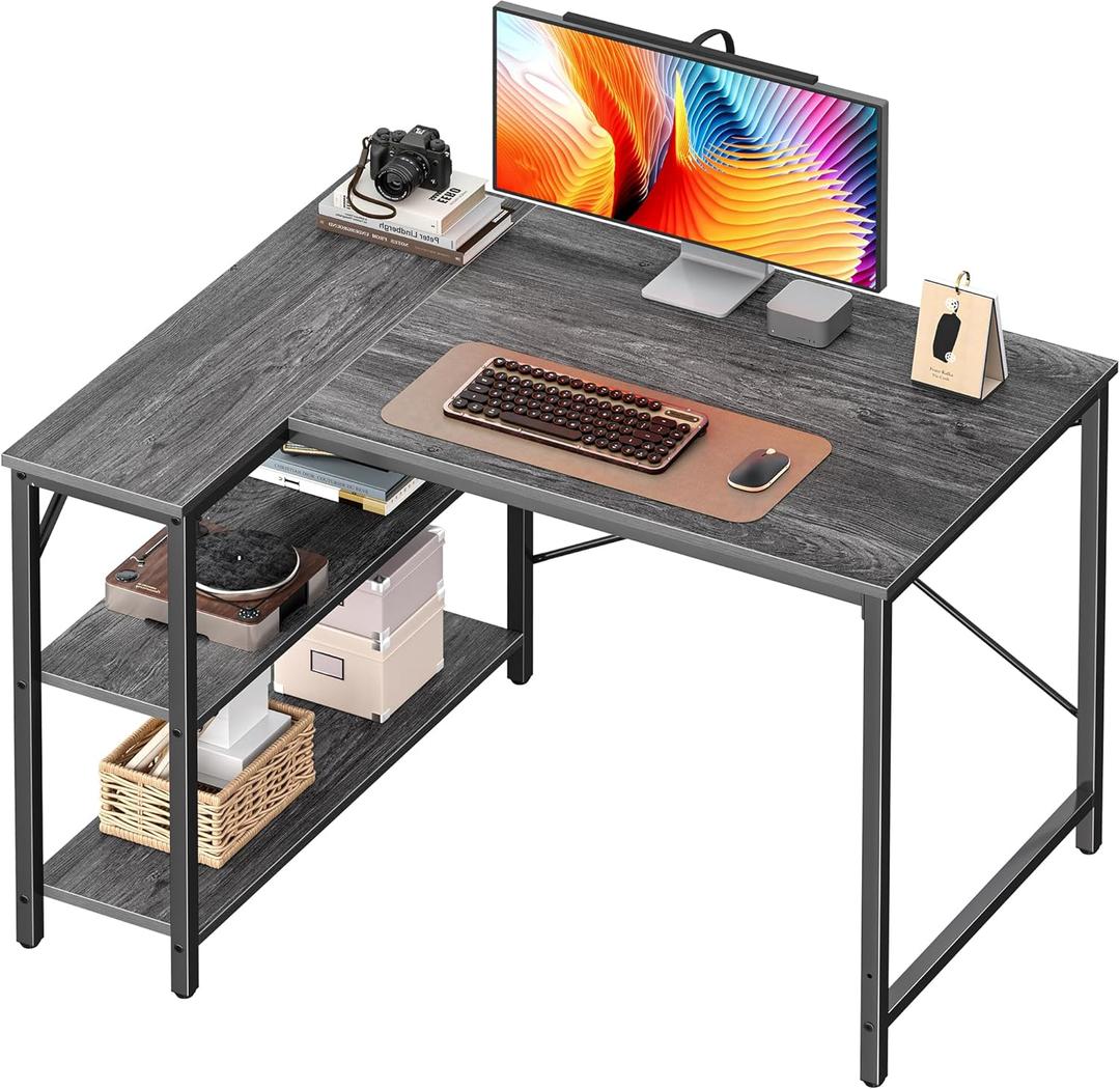 Huuger L Shaped Desk, 39 Inches Computer Desk with Reversible Storage Shelves, for Gaming Corner Home Office Writing Study, Metal Frame, Gray (Grey)