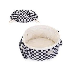 Narwey Barrel Drawstring Checkered Makeup Bag Large Cosmetic Bag Make up Bags Toiletry Bag Travel Bags for Toiletries Organizer for Women Gift for Teen Girls (Grayish Blue Checkerboard) (Patent)