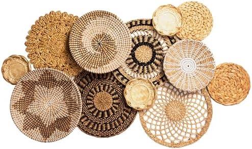 Laquedecraft Set 12 Boho Wicker Rattan Plate Basket Set For Décor Hanging Wall | Large Woven Farmhouse Rustic Bohemian Art Baket Hangings For Decorative Home, Bedroom, Living Room, Kitchen, Bathroom (Classic, 12)