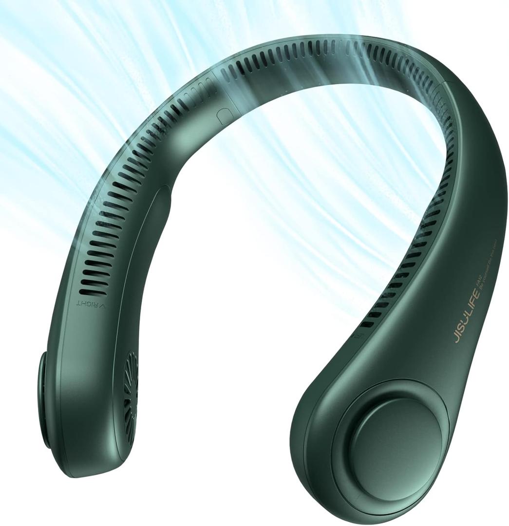 JISULIFE Portable Neck Fan, Hands Free Bladeless Fan, 5 Speeds, 4000 mAh Battery Operated Wearable Personal Fan, Twistable, Rechargeable, Gift for Women Men, Dark Green