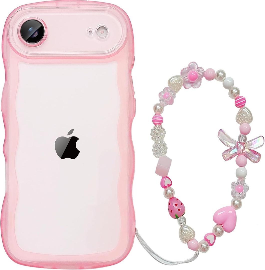 for iPhone 17 Air Case Wavy Clear Glitter Sparkle Butterfly Silicone Girly Cute Women Wave with Beaded Phone Strap Charms Turquoise Wristlet Heart Shockproof Protective Phone Cases Pink