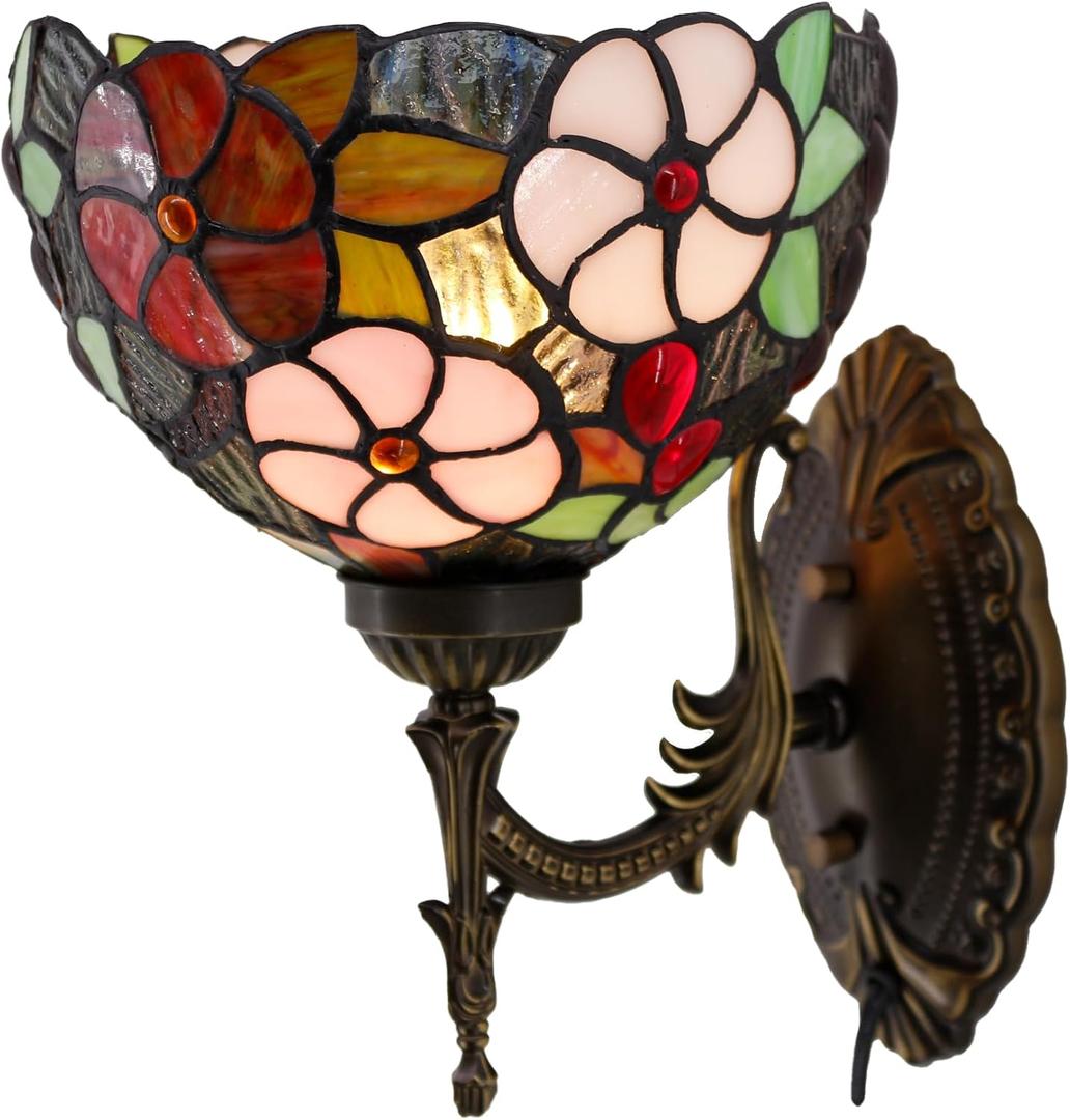 Tiffany Wall Sconce Lamp Plug In or Hardwire Wall Light with 8 Inch Green Purple Grape Stained Glass Flower Lampshade 8X10.5X11 Inch, Base Finished Antique Bronze, 6ft Cord with On/Off Switch