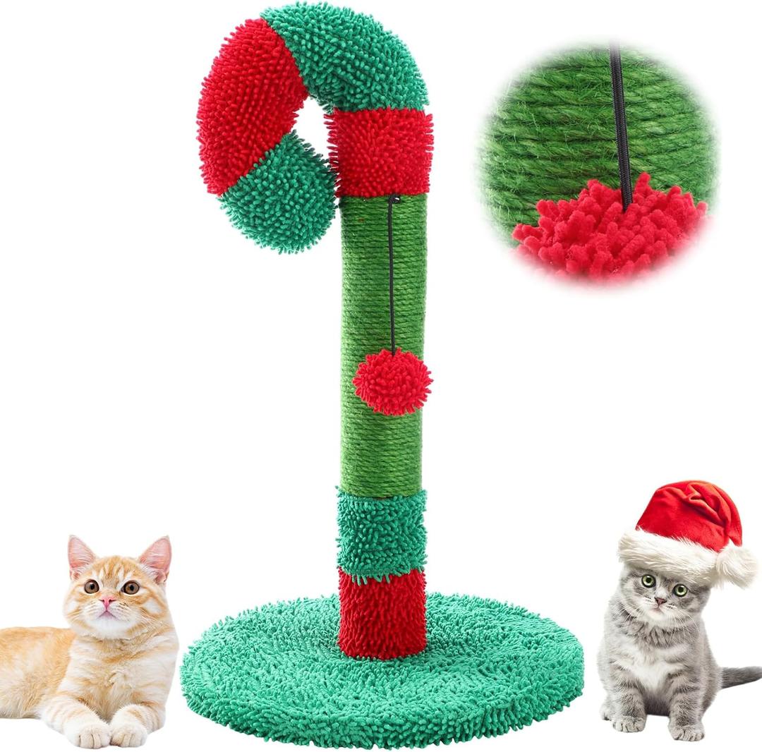 Yeyeplum Christmas Cat Scratching Post 21.6" Candy Cane Holiday Scratch Post Small Natural Sisal Cat Scratcher for Indoor Cats and Kittens