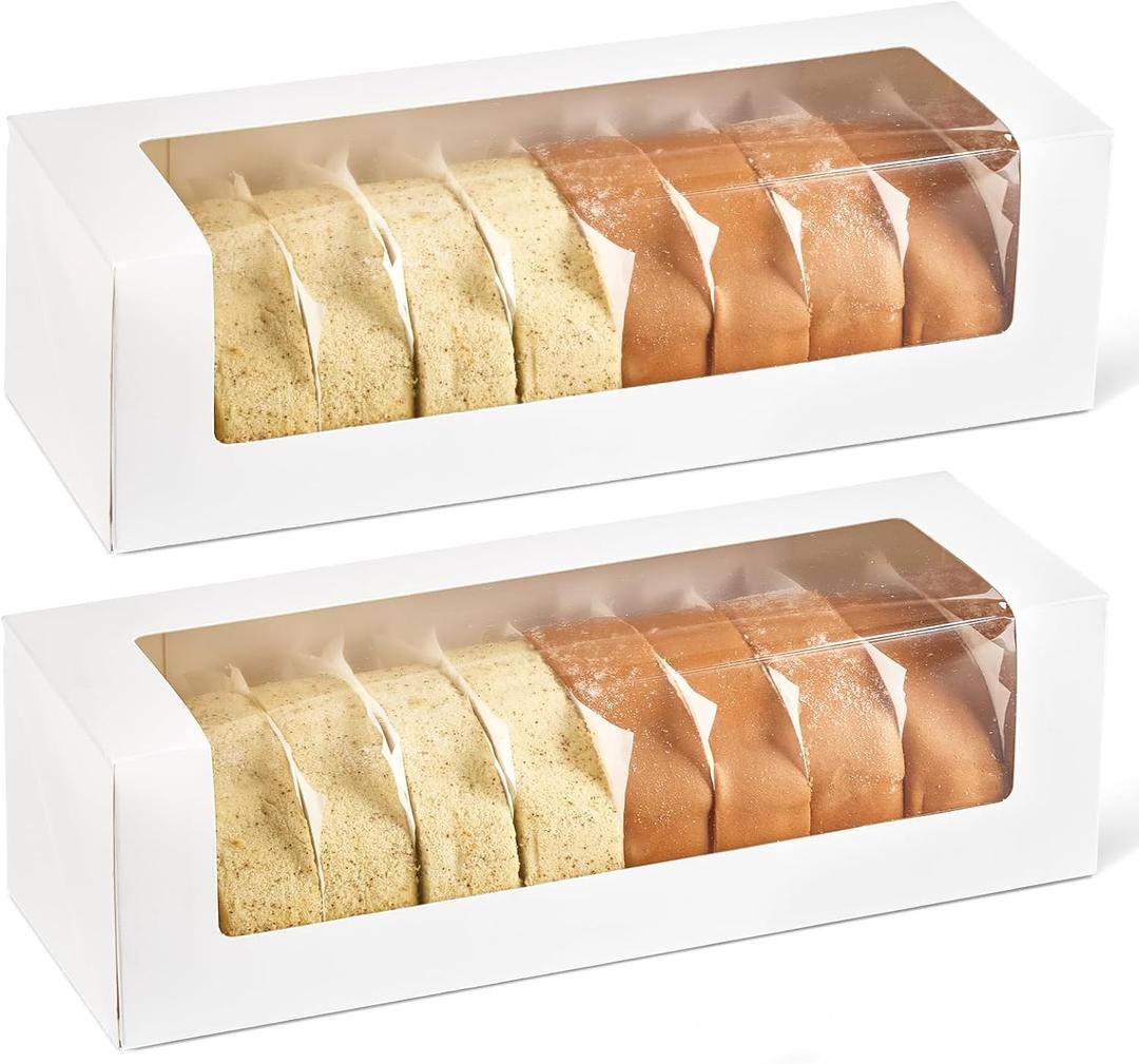 Ocmoiy Roll Cake Boxes 12x4x3.5 Inches, 24 Pack Auto-Popup Rectangle White Bakery Pastry Boxes with Window for Packaging Pumpkin Rolls, Cinnamon Rolls, Banana Bread, Loaf
