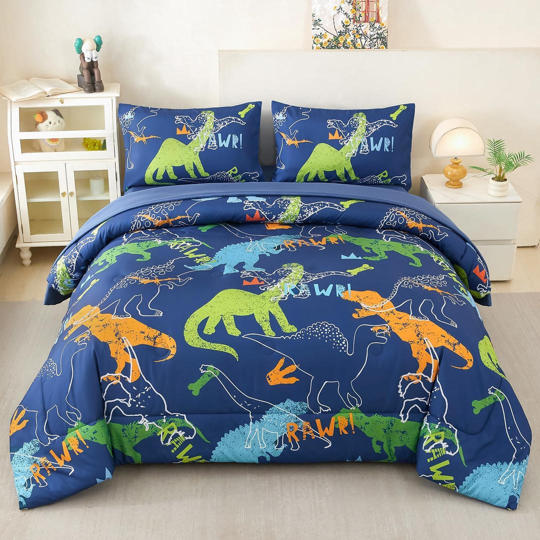 Twin Dinosaur Comforter Set for Boys 5 Pieces Cartoon Dinosaur Bedding Set Dark Blue Dino Bed in A Bag for Kids Teens Soft Fluffy Bed Set All Seasons(Dark Blue Dinosaur, Twin)